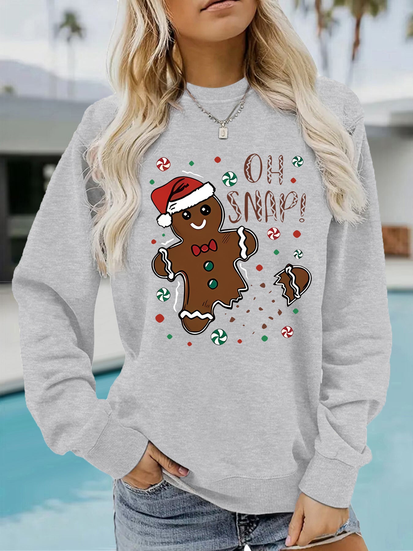 Female Round Neck Christmas Gingerbread Pattern Printing Casual Long Women's Sweater, Sweater