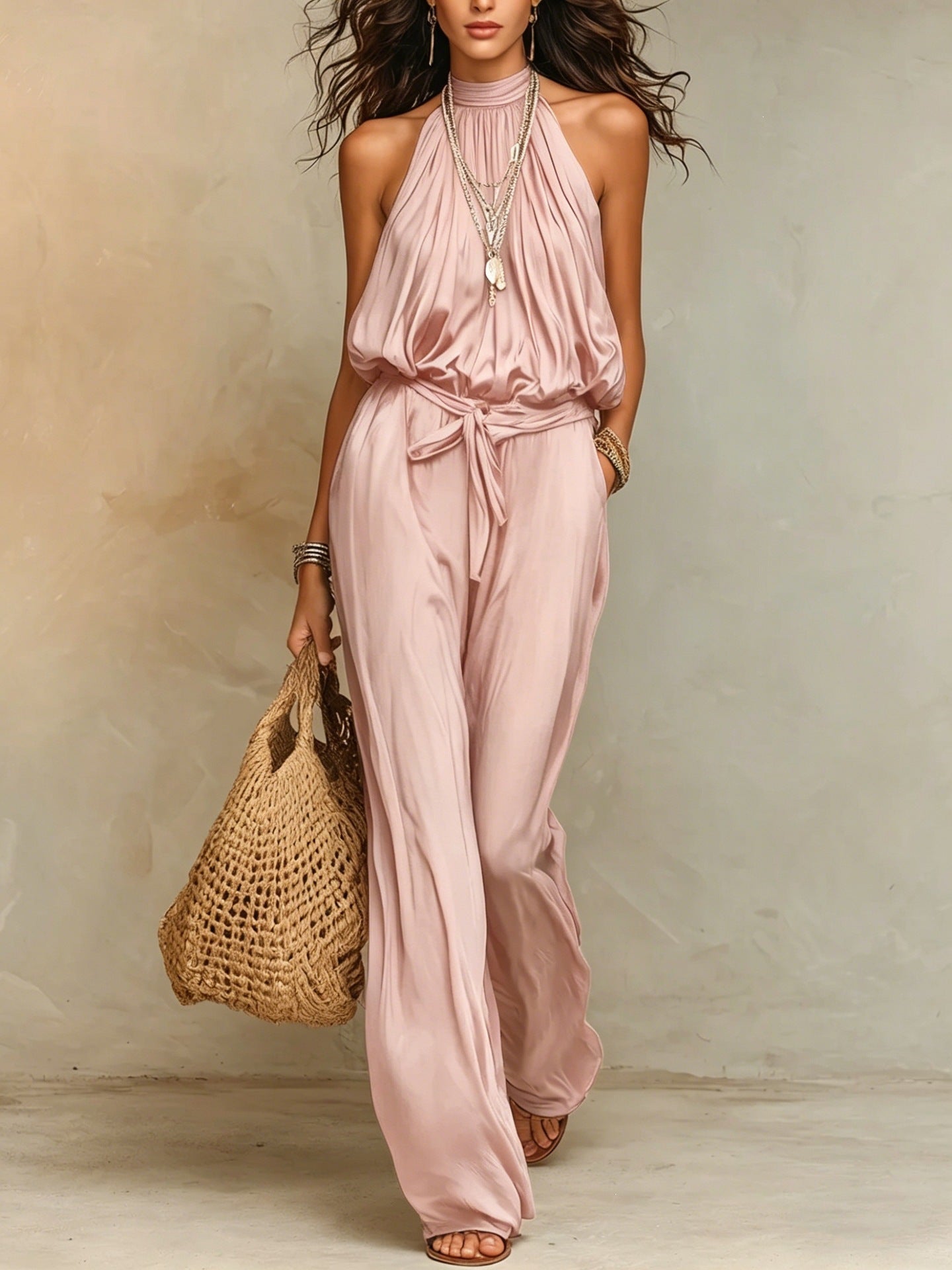 Women's Bohemian Halter Cotton Brocade Waist Vacation Sleeveless Women's Jumpsuit/clothing