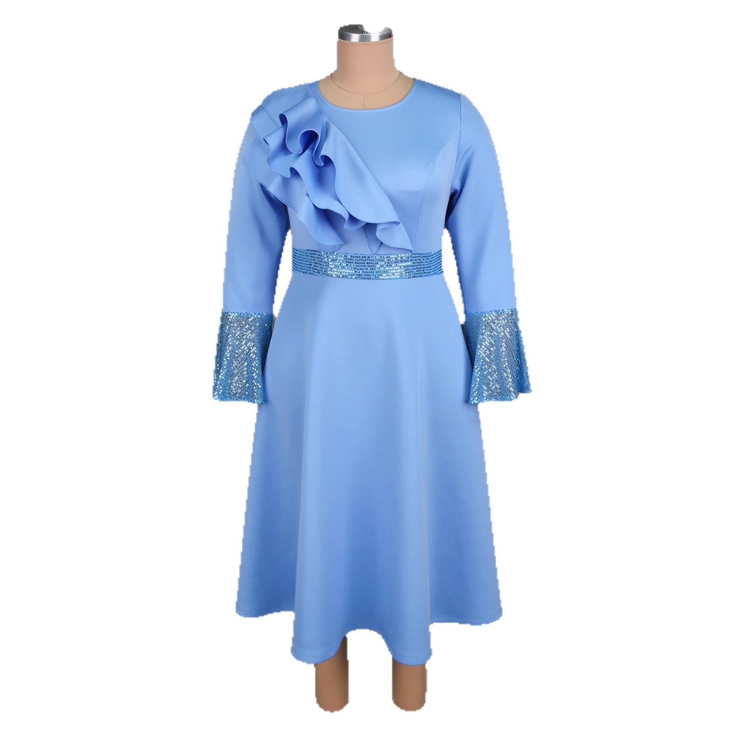 Women's Light Blue Diamond Ruffled Flared Sleeve Swing Midi Dresses