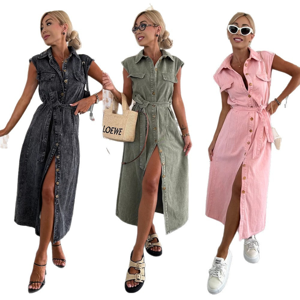 Fashion Casual Single-breasted Sleeveless Denim Dress Dresses