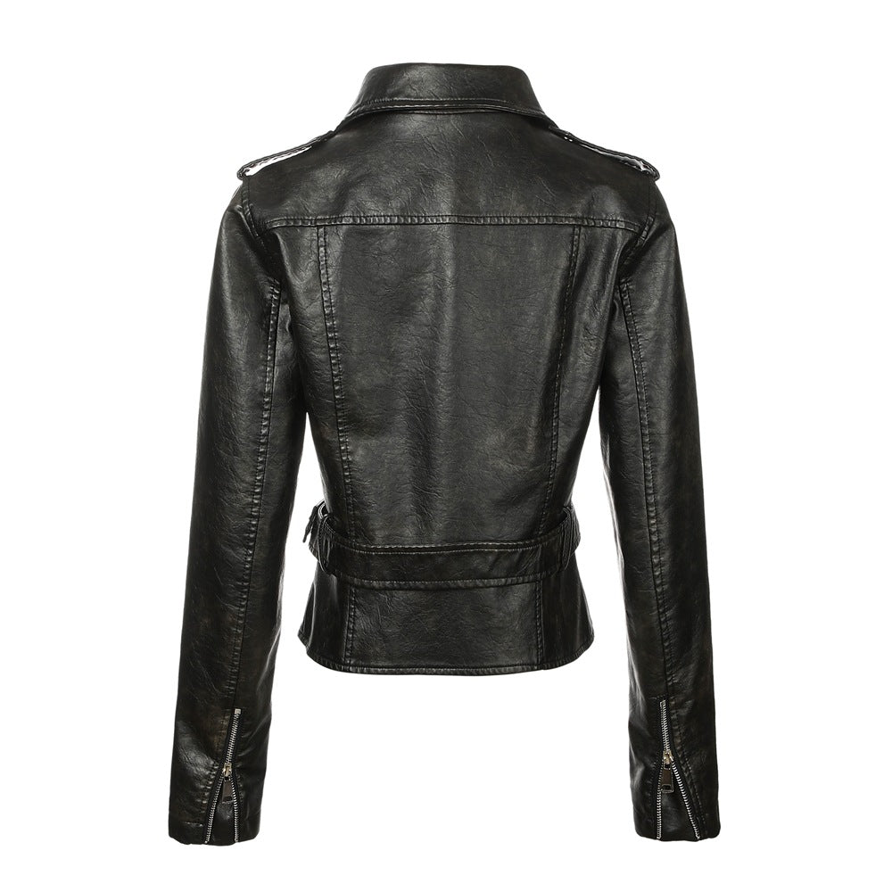 Women's Motorcycle Leather Lapel Epaulet Design Back Jackets