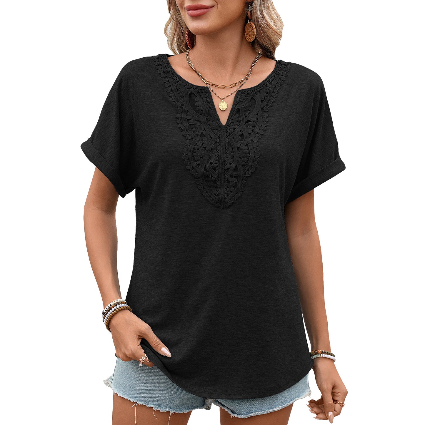 Women's Solid Color Lace Loose Sleeve Women's T-shirt