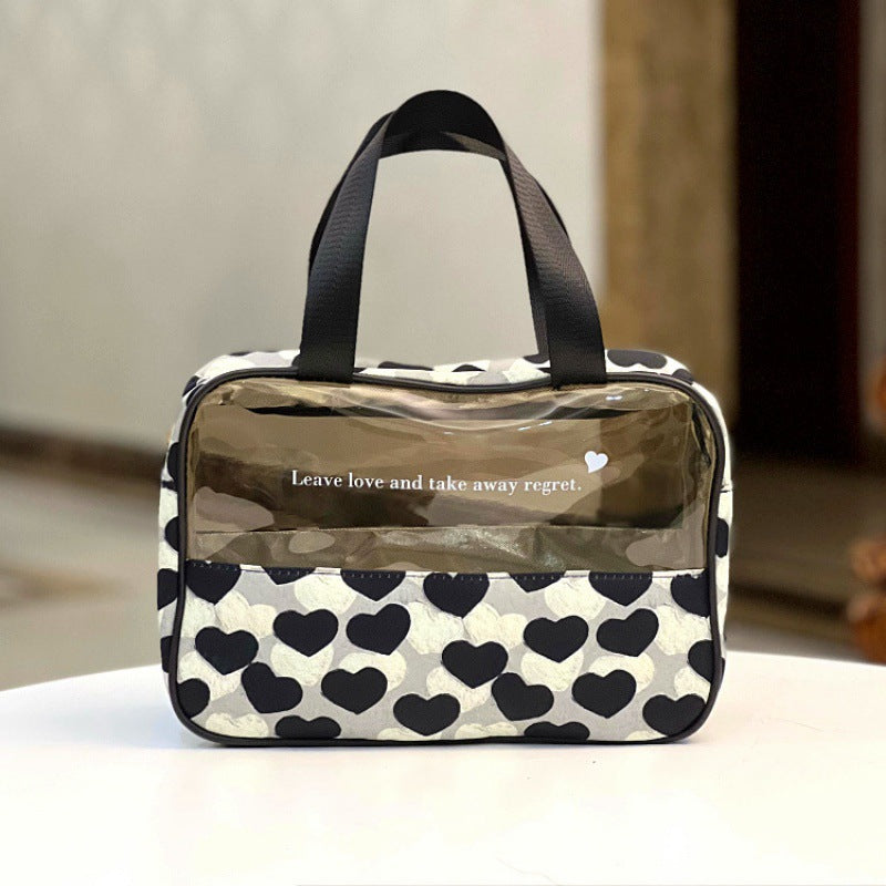 Zipper Translucent Love Peach Heart Flocking Large Capacity Portable Handbags