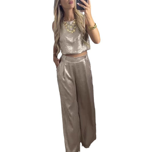 Women's High Waist Casual Two-piece Set Golden Suits