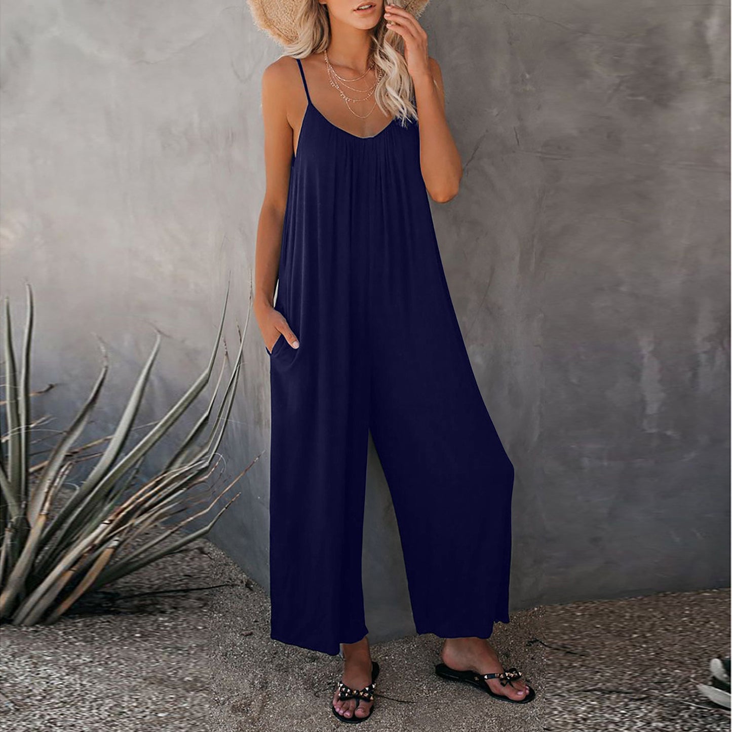 Women's Sling Summer Solid Color Pocket Jumpsuits
