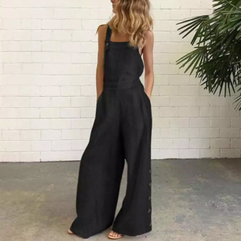 Women's Color Sleeveless Side Pocket Casual Wide Leg Women's Jumpsuit/clothing