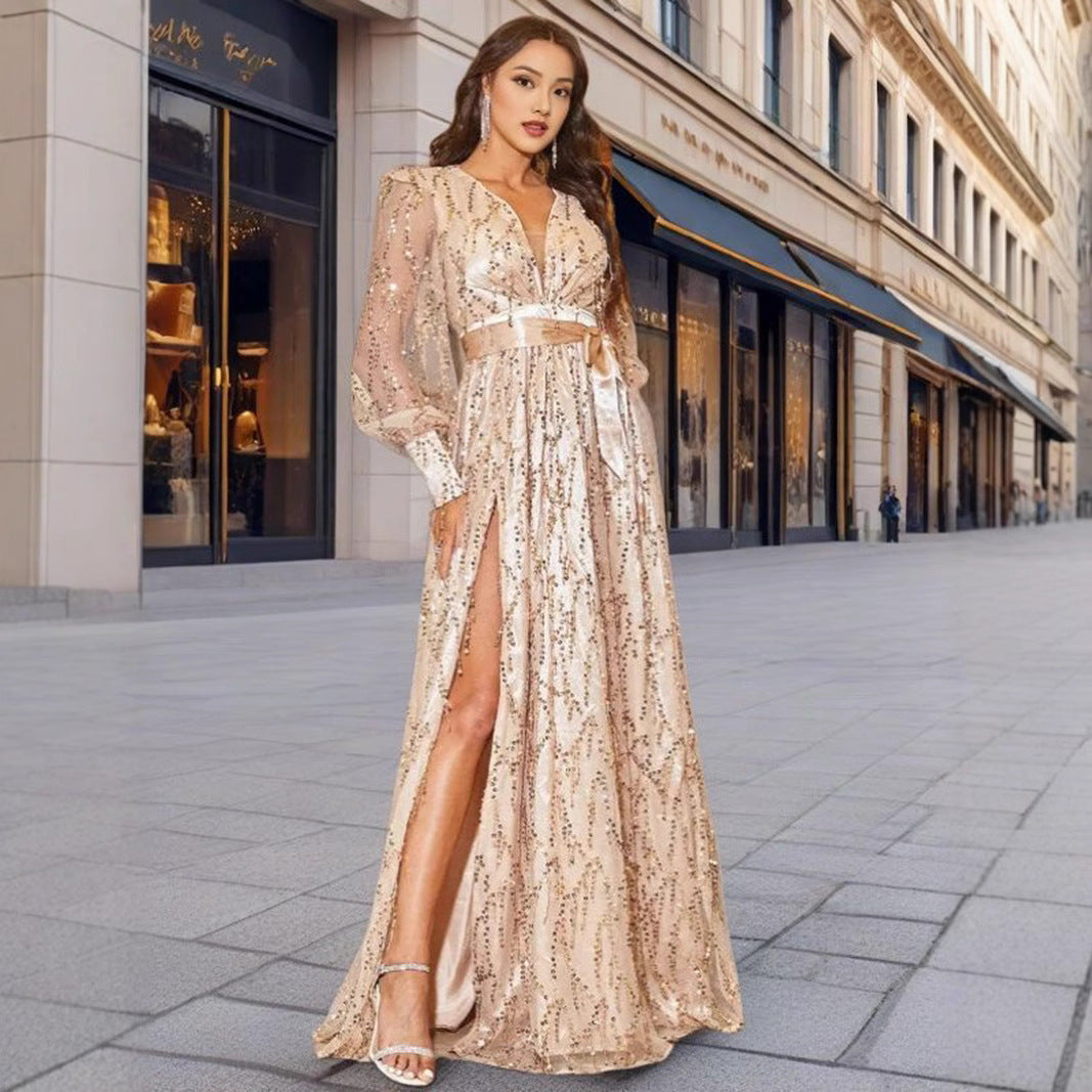 Women's Autumn Mesh Sequins Swing Banquet Long Dresses