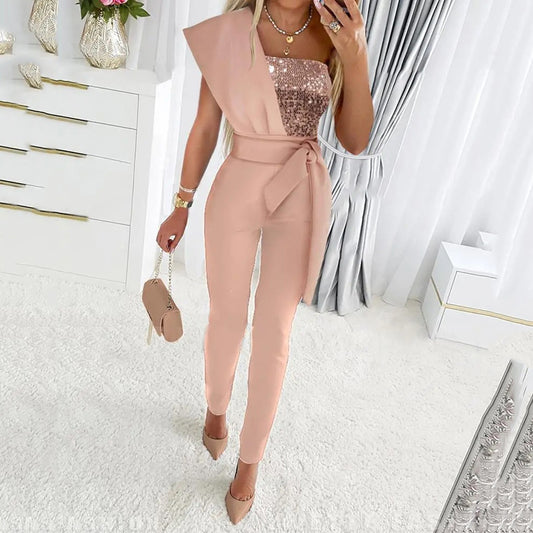 Women's Belt Slim Fit Sleeveless One-piece Dress Suits