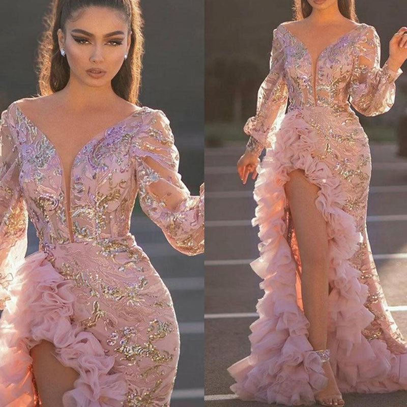 Sexy Hip Tail Sequin Pink Long Wedding Dresses