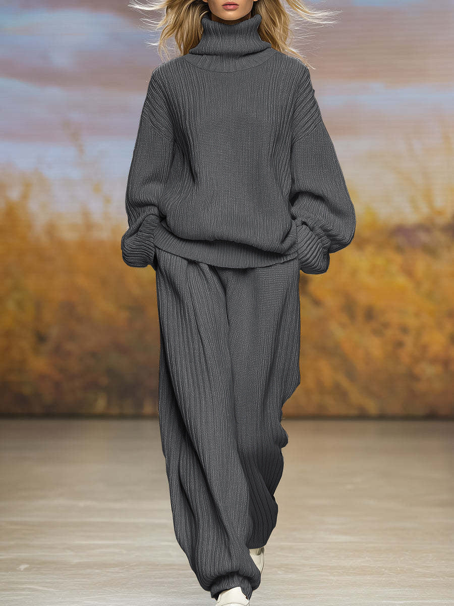Leisure Knitted Loose Turtleneck Wide Leg Suits