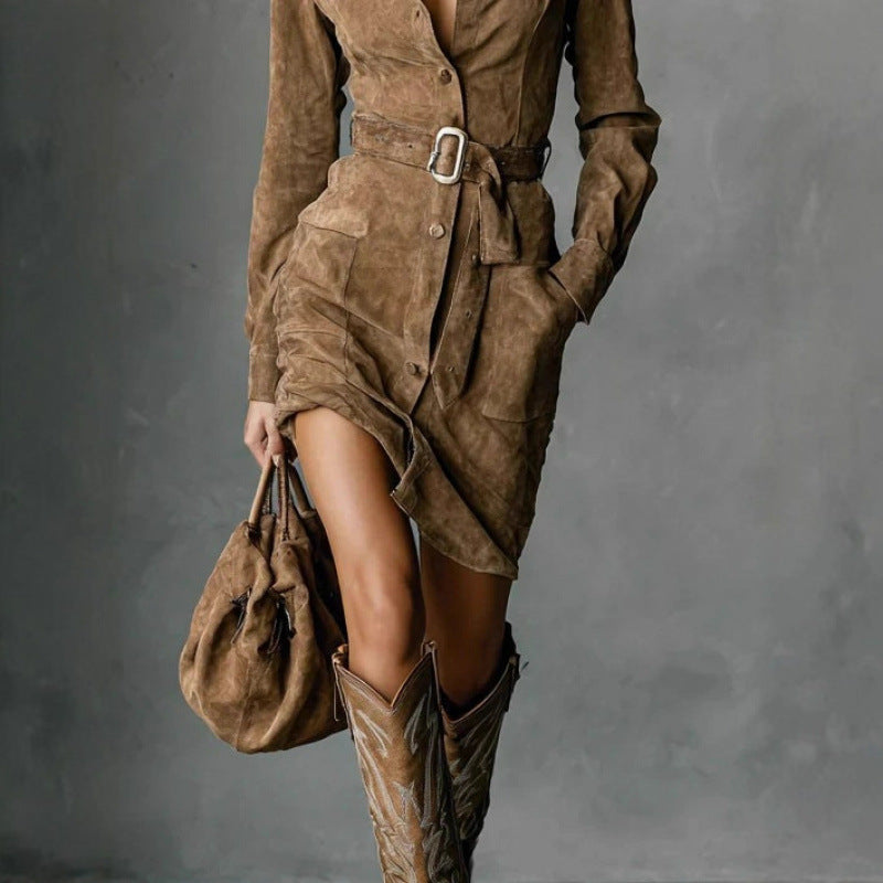 Suede Fashion Long Sleeve Lapel Single Dresses