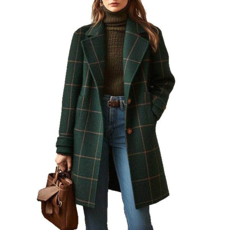 Women's Plaid Casual Temperament Mid-length Turn-down Collar Coats