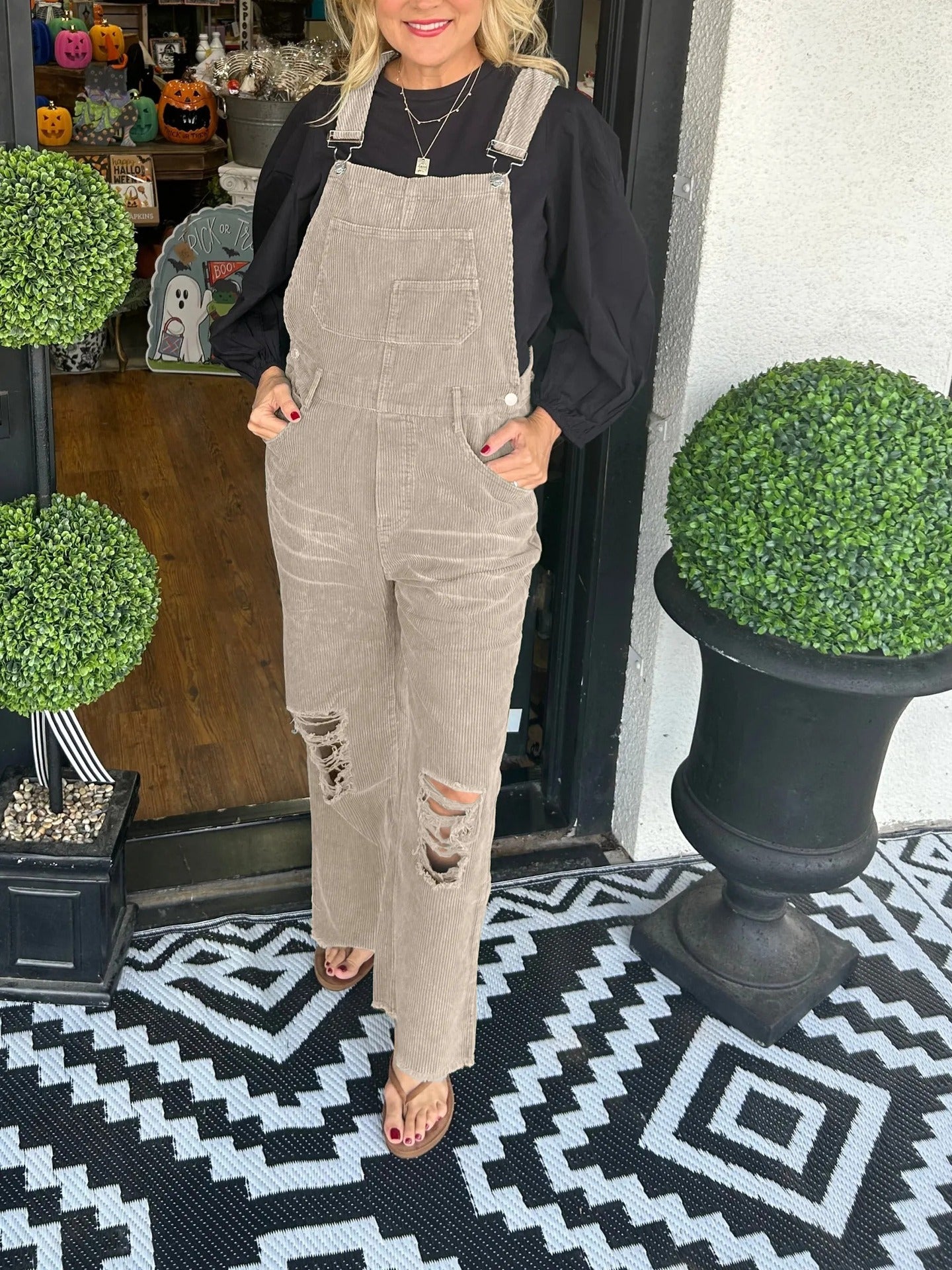 Women's Versatile Corduroy Button Pocket Ripped Suits