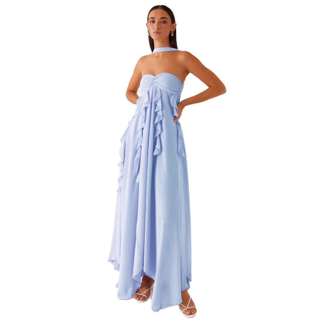 Spring Backless Halter Irregular Pleated Chiffon Dresses