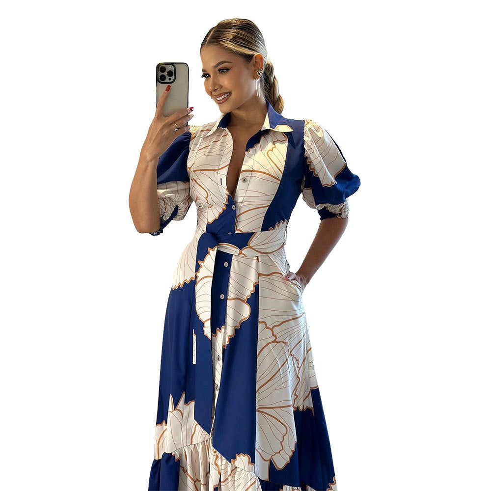 High Waist Temperament Shirt Printed Maxi Dresses