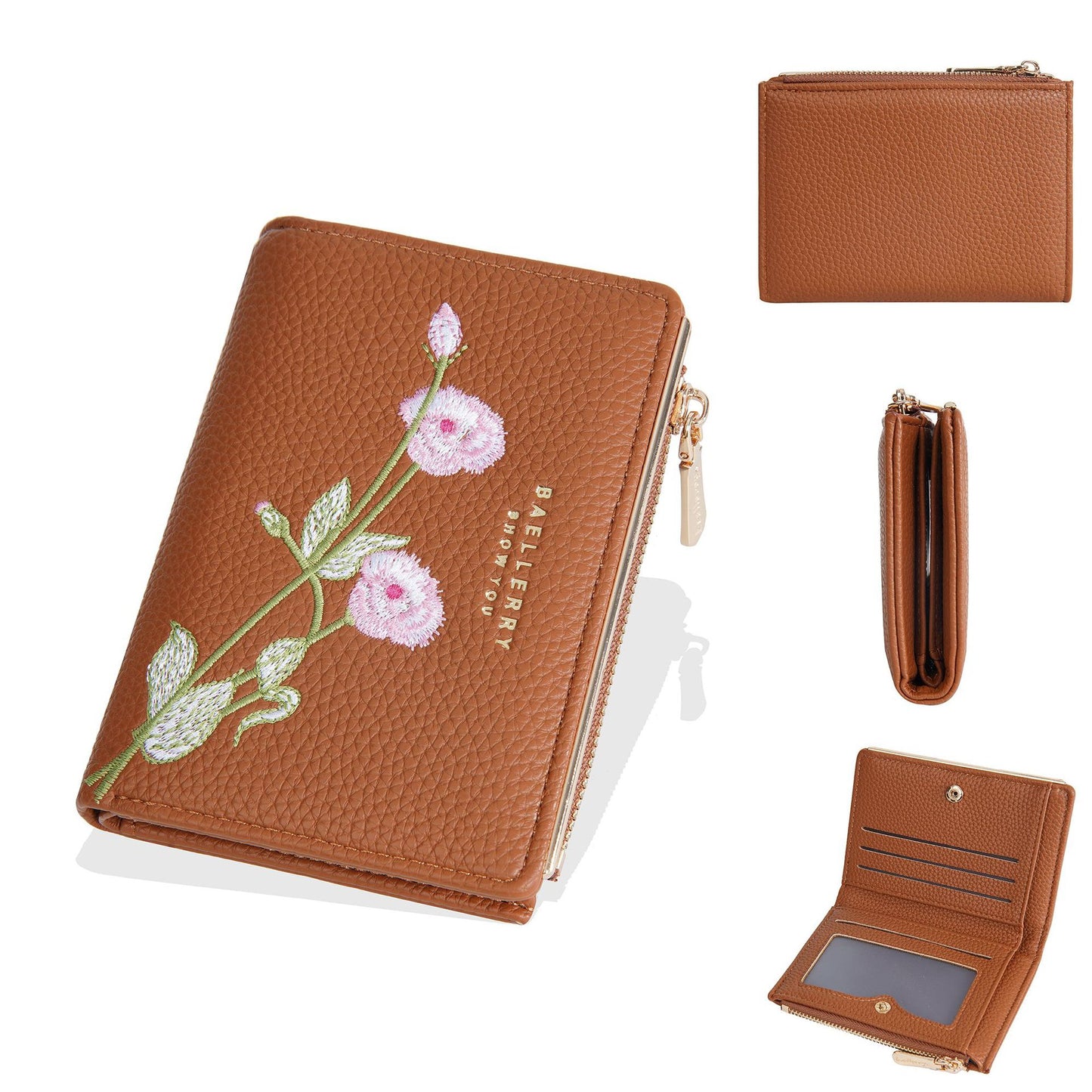 Women's Short Fashion Embroidery Litchi Pattern Flower Ladies Wallets