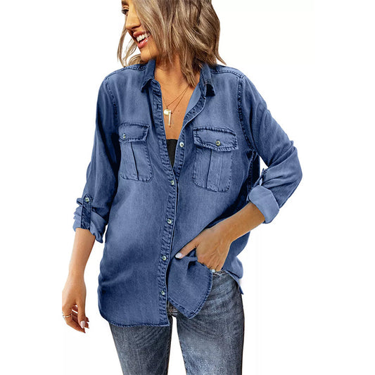 Women's Spring Lapel Pocket Shirt Female Fashion Blouses