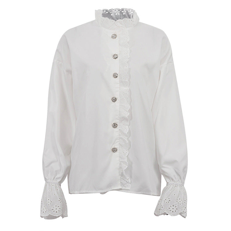 Women's Style Stand Collar Diamond Ruffled Shirt Tops