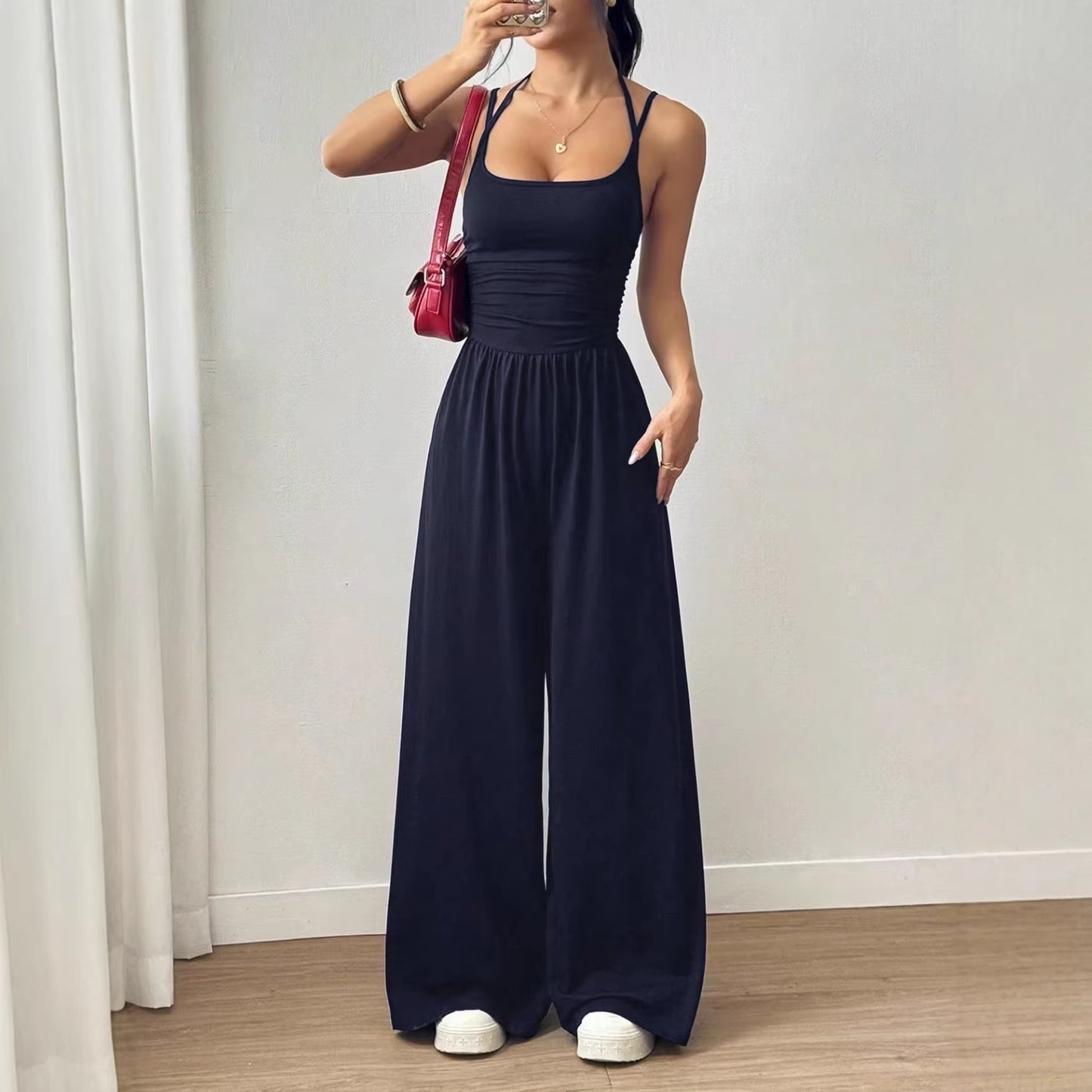 Women's Solid Color Fashion Casual Suspender Wide Leg Loose Women's Jumpsuit/clothing