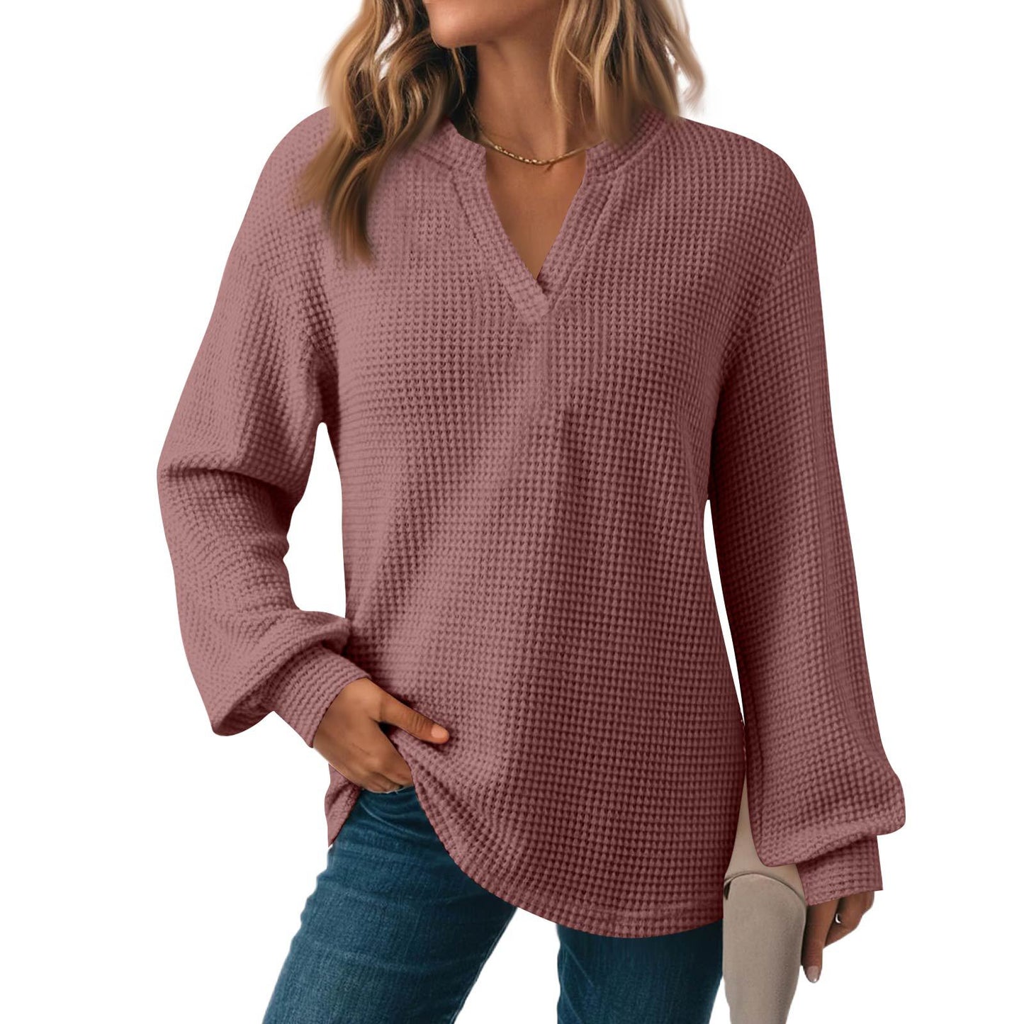 Women's Solid Color Waffle Loose Long Sleeve Women's Sweater, Sweater