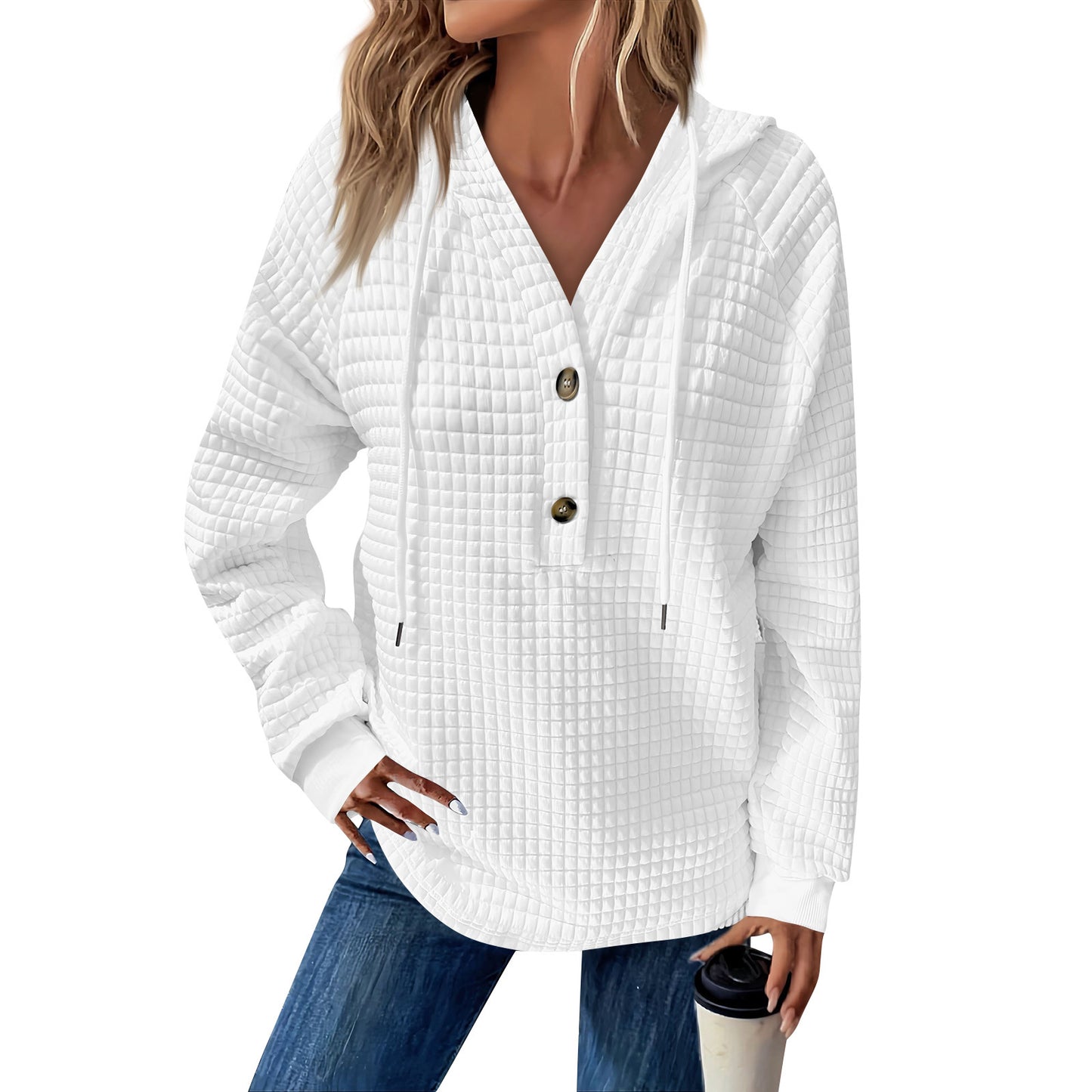 Women's Square Quilted Hooded Button Loose Long Women's Sweater, Sweater