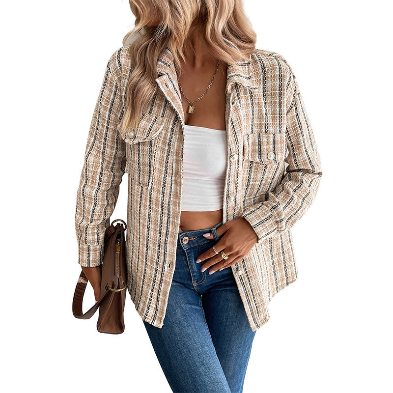 Women's Fashion Wear Pearl Buckle Lapel Plaid Jackets