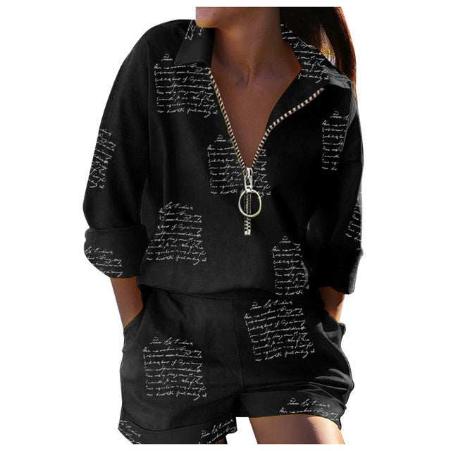 Women's Summer Long Sleeved Shirt Printed Zipper Fashion Casual Suit