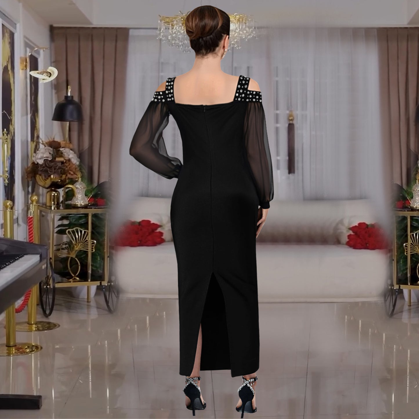 Women's Fashion Wear Elegant Rhinestone Square Collar Mesh Slim Dresses