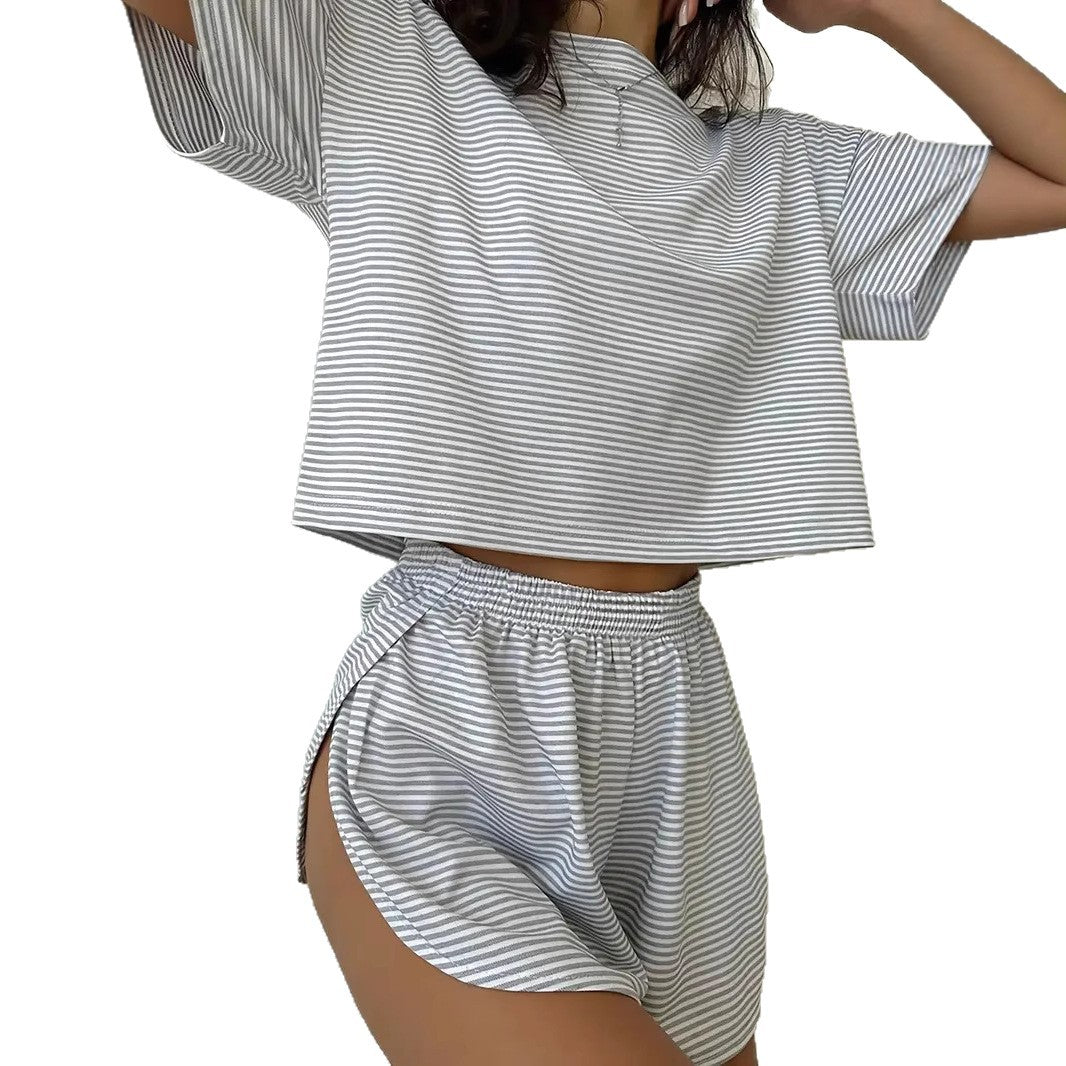 Women's Summer Simple Comfortable Striped Sleeve Elastic Waist Home Wear Two-piece Fashion Casual Suit