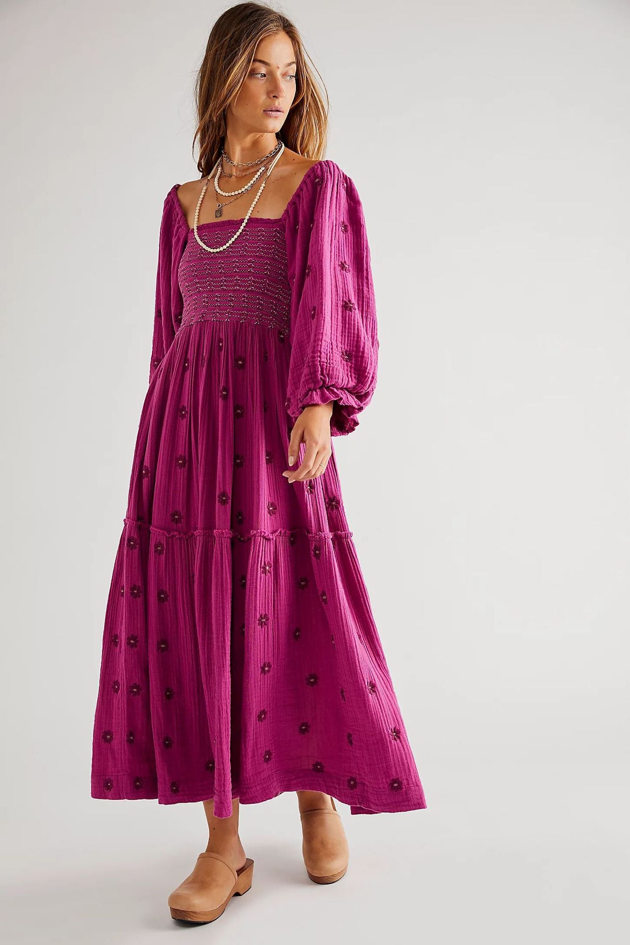 Autumn Casual Bell Sleeve Smocking Embroidered Square Dresses