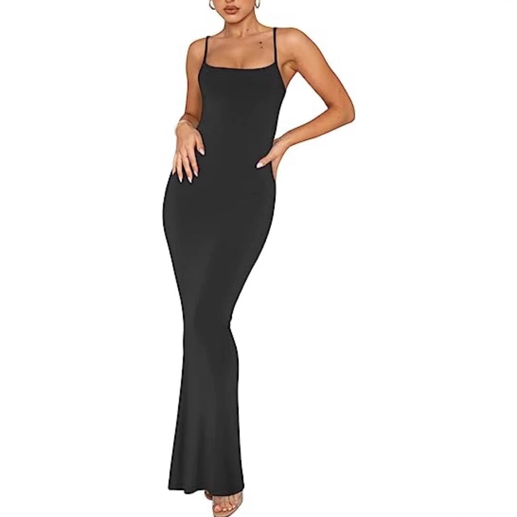 Women's Summer Solid Color Sling Casual Bottoming Rest Sexy Long Dress