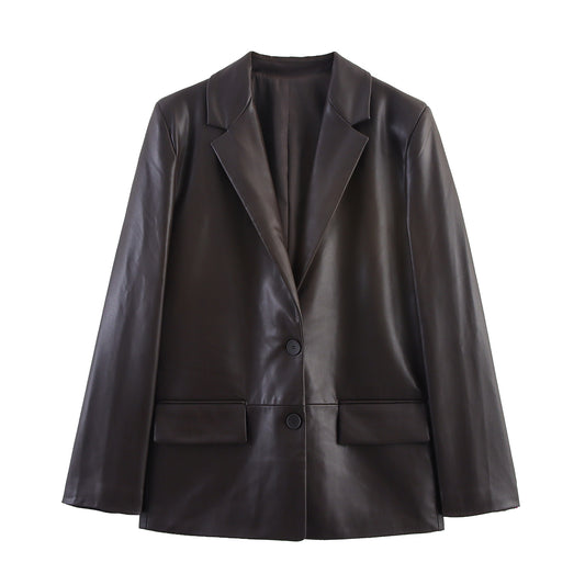 Comfortable Autumn Straight Leather Effect Casual Suits