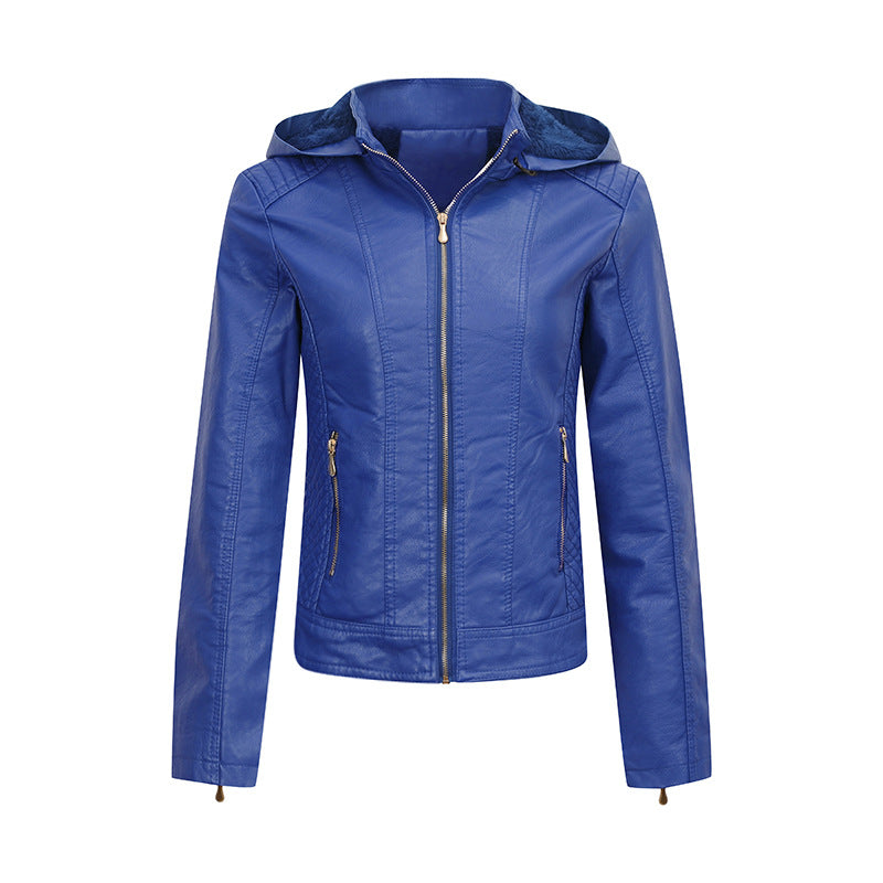 Women's Large Fleece-lined Thickened Leather Hooded Slim Coats