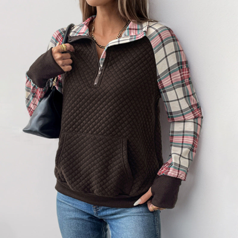 Women's Plaid Retro Patchwork Texture Pullover Women's Sweater, Sweater