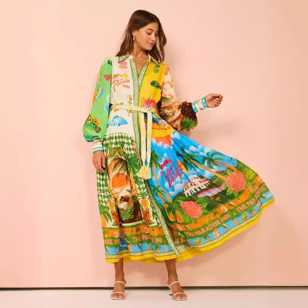 Single-breasted Long Lantern Sleeve Iti Printing Dress