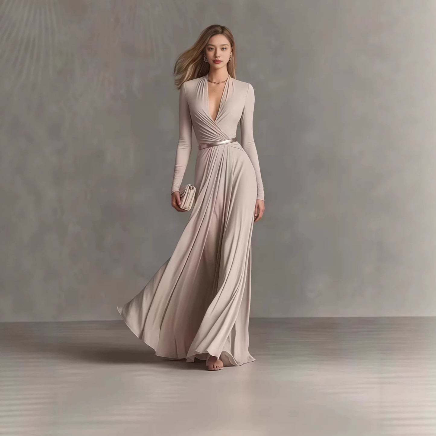 Women's Solid Color Deep V Long Sleeve Dress