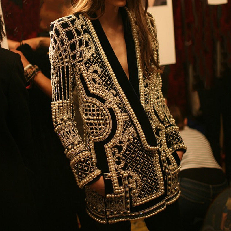 Women's French Style Small Fashion Bead Printed Long Sleeve Blazers