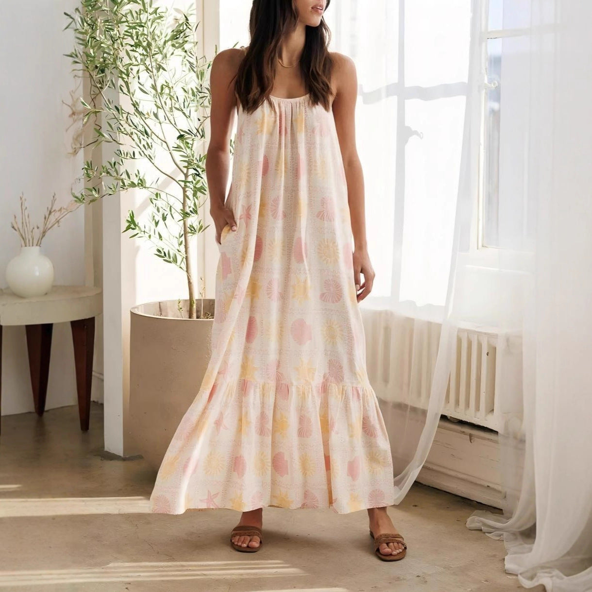 Women's Fashionable Elegant Casual Strap Pocket Printed Dress