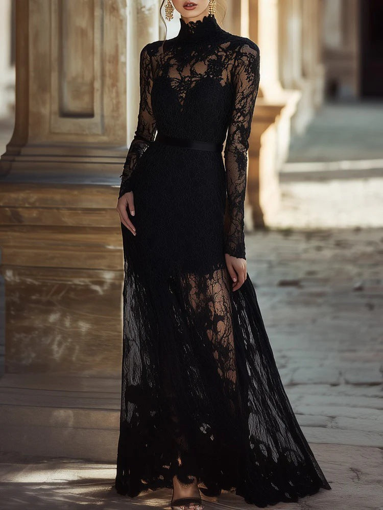 Women's Collar Long Sleeve Lace Swing Waist Slimming Dresses