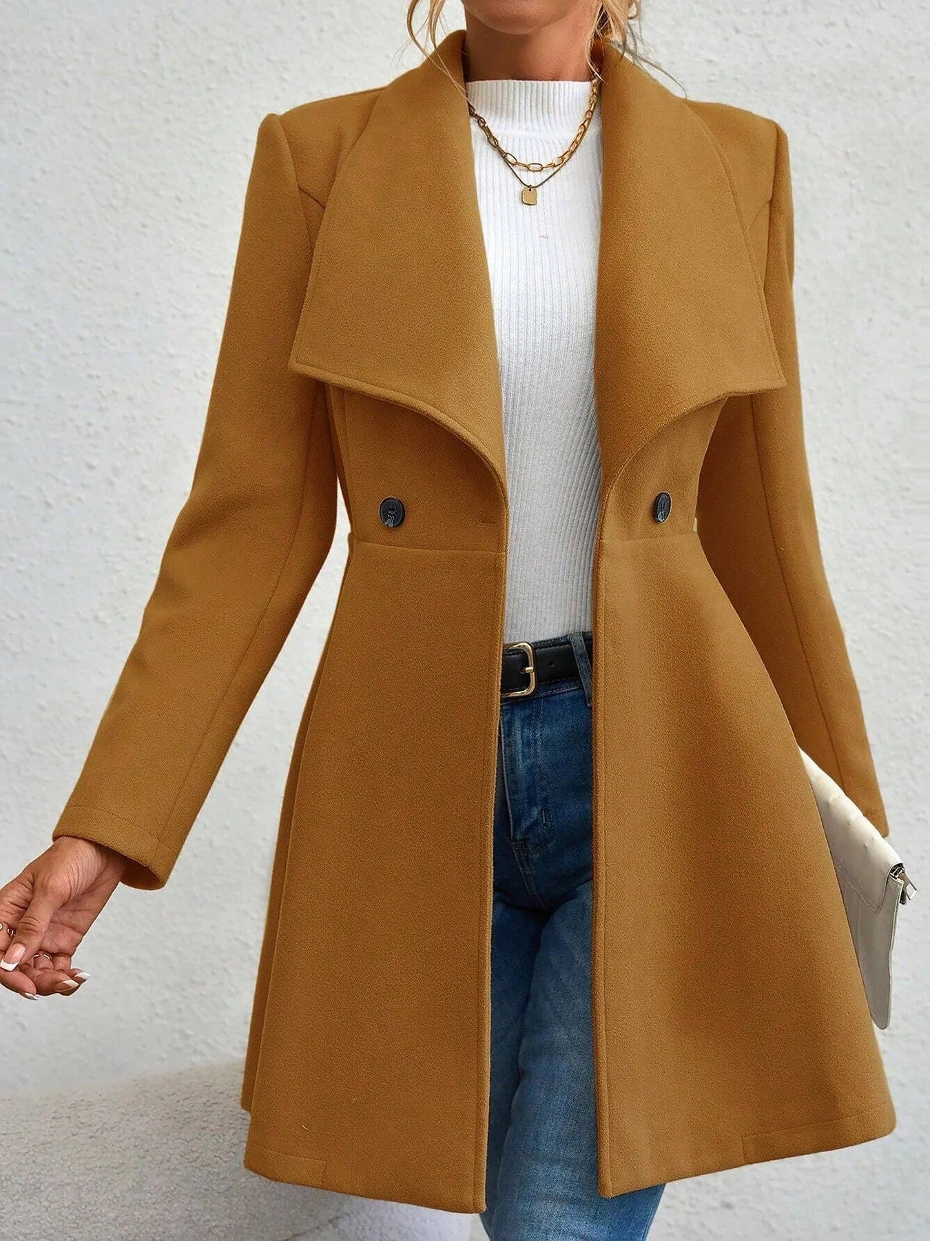 Women's Woolen Solid Color Polo Collar Double-breasted Coats