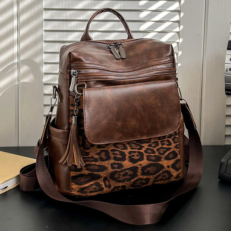 Women's Winter Vintage Leopard Print Fashion Large Backpacks