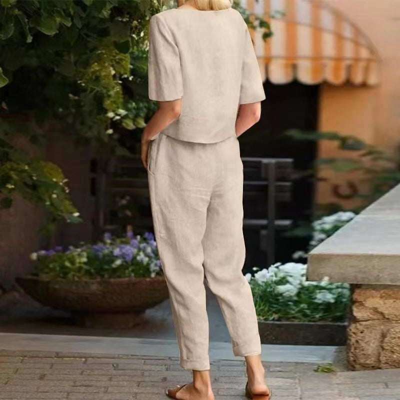 Women's Linen Summer Matching Half Sleeve Oversized Wide Leg Retro Two-piece Fashion Casual Suit