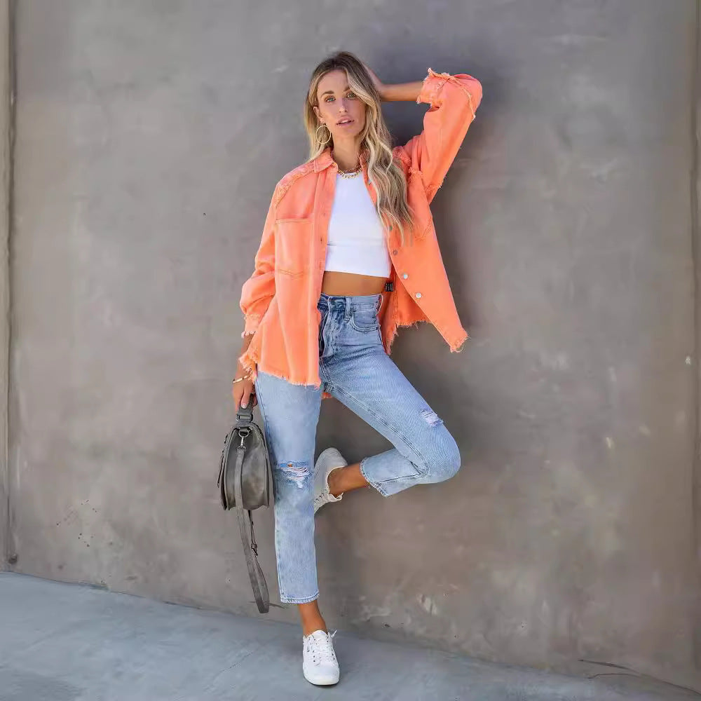 Autumn Long Sleeve Denim Female Washed Frayed Jackets