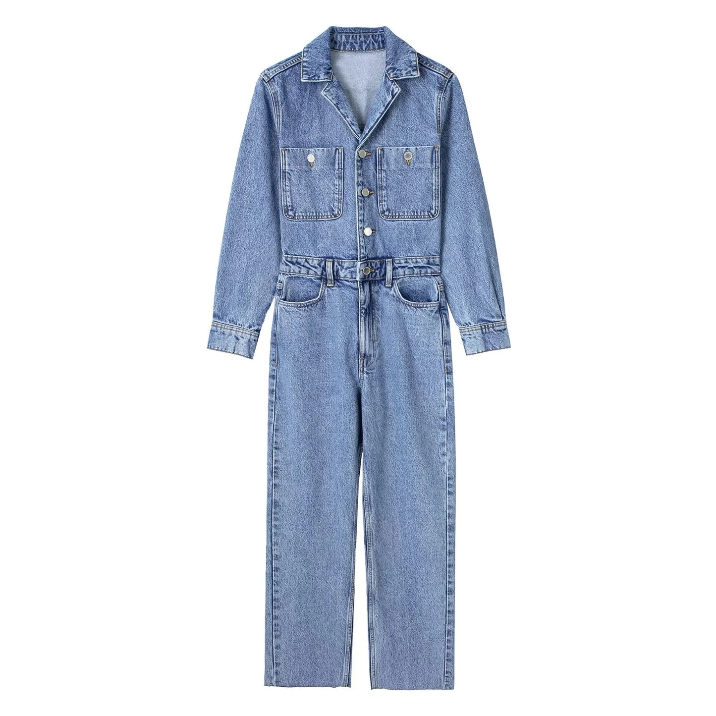 Women's Collar Pocket Decorative Waist Denim Trousers Jumpsuits