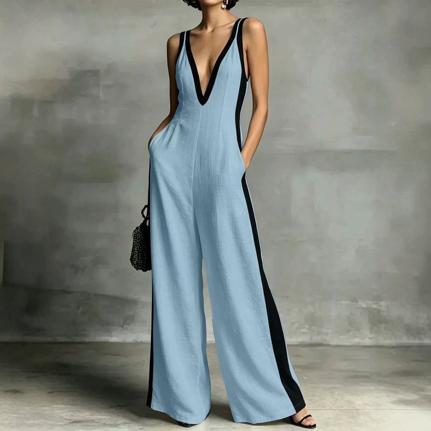 Women's Summer Fashion Wear Sleeveless Contrast Color Sling Wide Jumpsuits