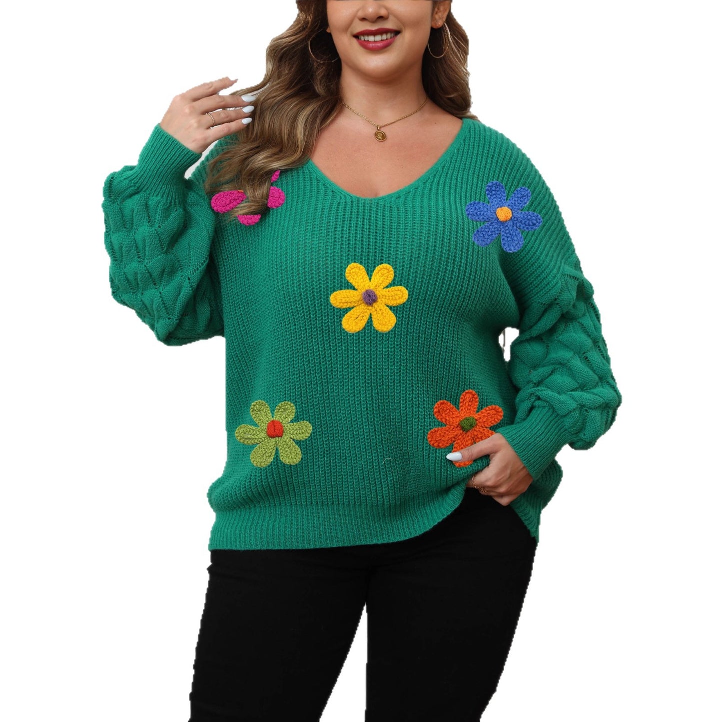 Women's Stitching Deep V Bottoming Shirt Three-dimensional Wool Embroidered Sweaters