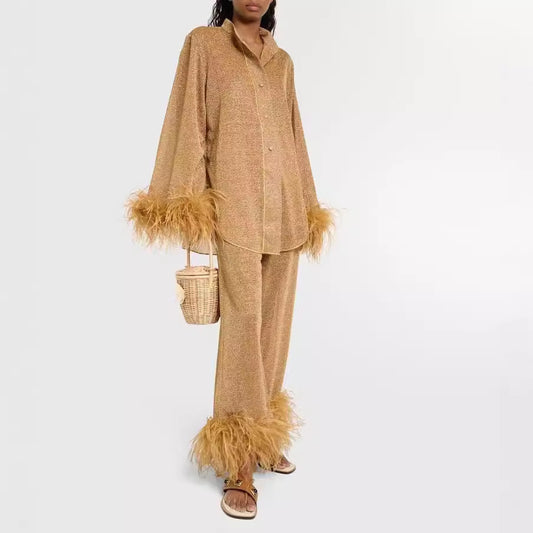 Design Long Sleeve Feather Stand Collar Fashion Suits