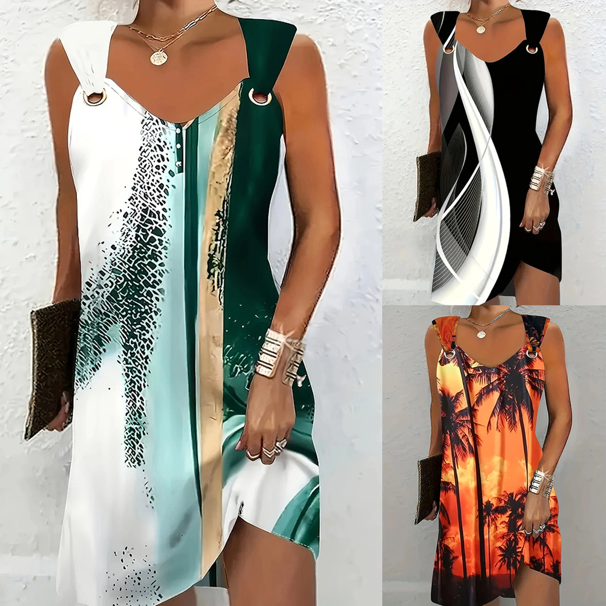 Women's Summer Sleeveless Round Neck Retro Printed Dress