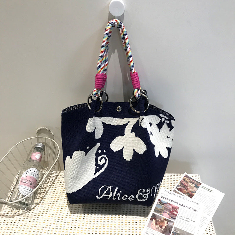 Black White Rhombus Knitted Versatile Large Handbags