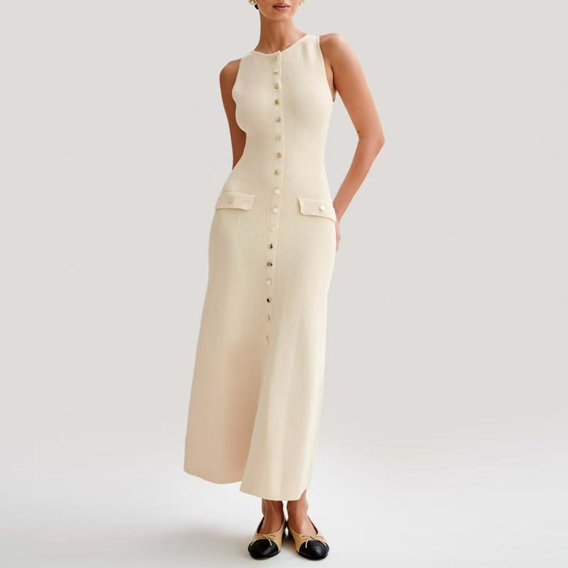 Neck Sleeveless Single-breasted High Waist Slim Dresses